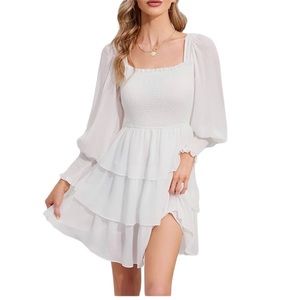 BYIRRS white boho feminine ruffles short chiffon dress w long sheer sleeves NWT